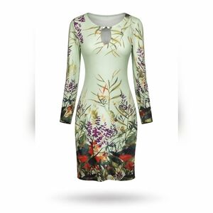 Womens Large -Fashion Nova Green Tropical Floral Bodycon Midi Dress Long Sleeve